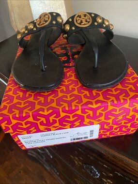 Tory Burch Black Leather Studded Miller Thong Sandals with Gold Logo